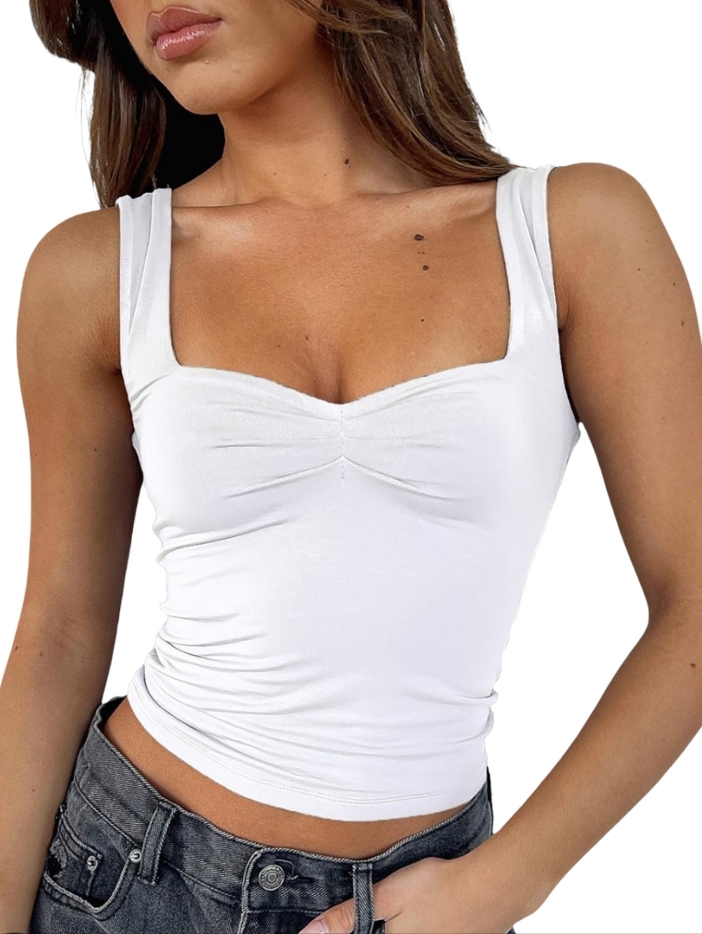 🍅Square Neck White Tank Top with Ruched Bust
